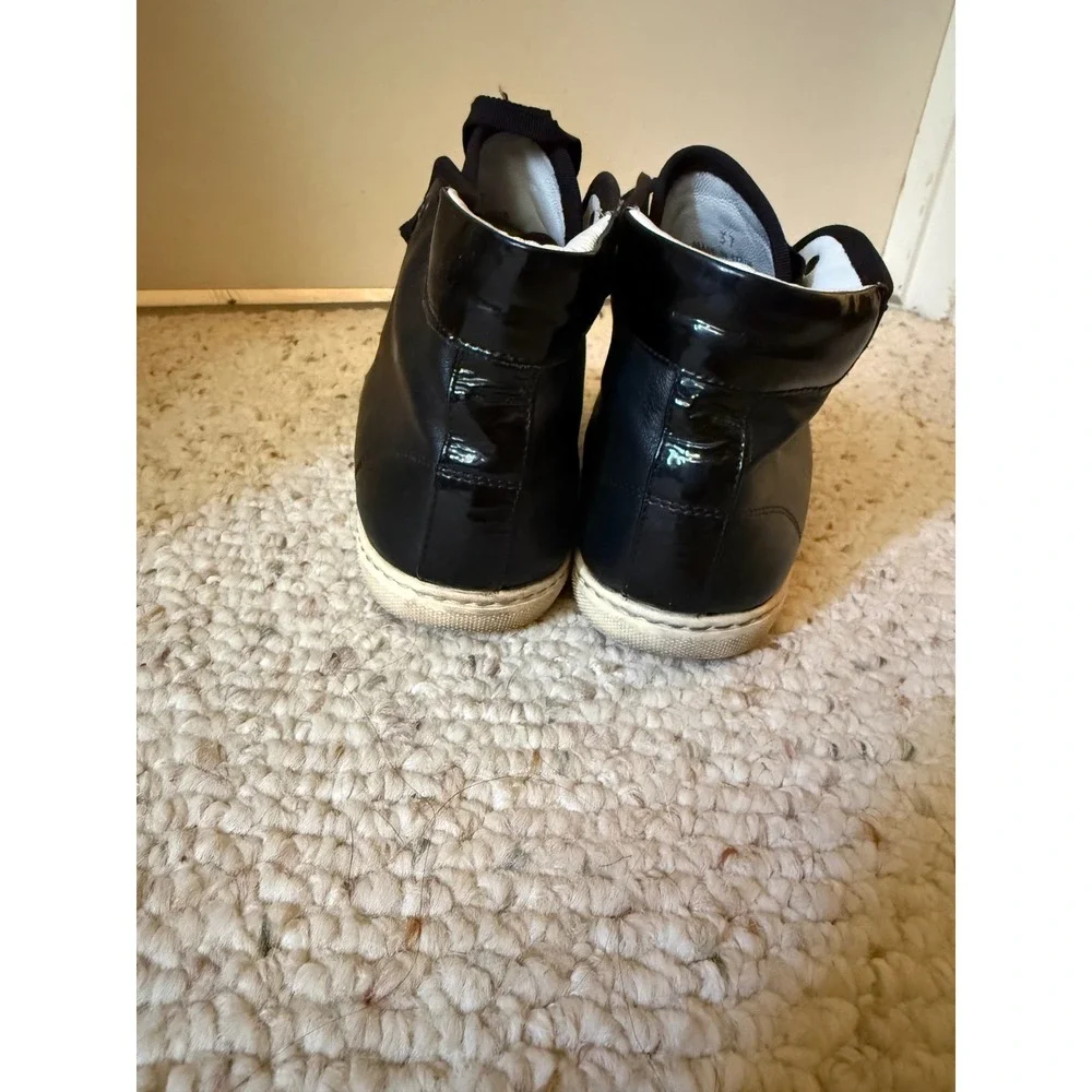 Lanvin Hi-Top Sneakers Womens 37 Black Good Patent Cap Toe Leather Ribbon Laces
